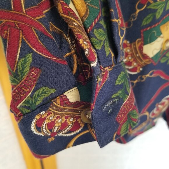 Vintage Equestrian Print Blouse Top Size 12 Long Sleeves Double Buttons - Picture 9 of 13